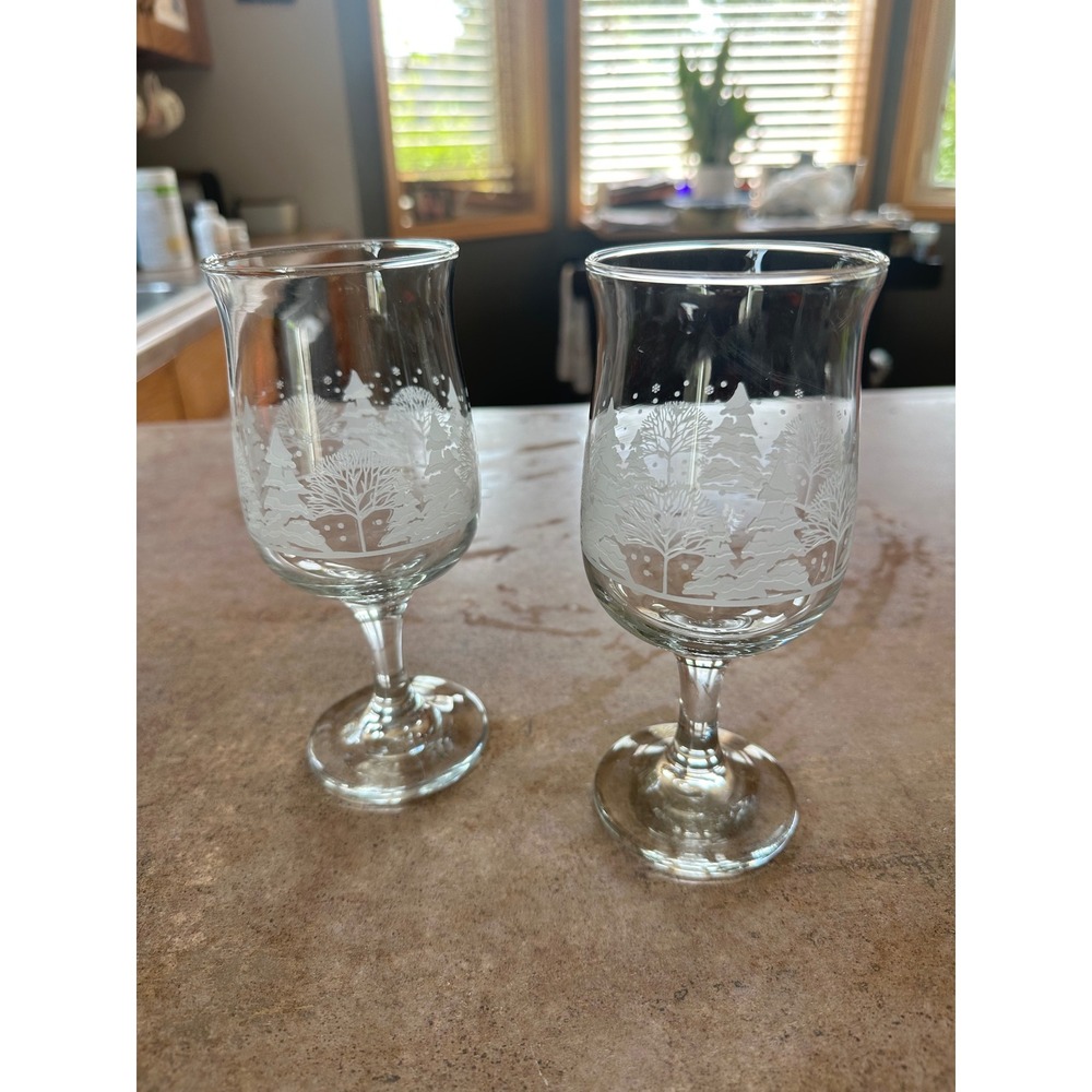 Vintage Etched Winter Scene Glass Goblets Set of 2 Christmas Pine Tree Snow